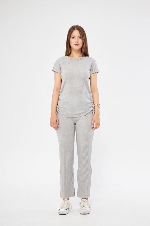 Kadın Rahat Açık Gri Yanı Büzgülü Bluz Pantolon & Eşofman Takım