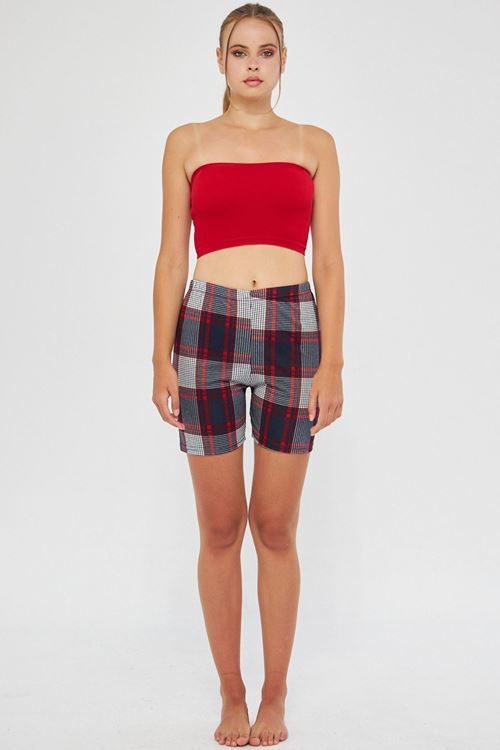 Bordo Kadın Ekose Desenli Mevsimlik Bel Lastikli Pijama Şort Gündelik Giyim