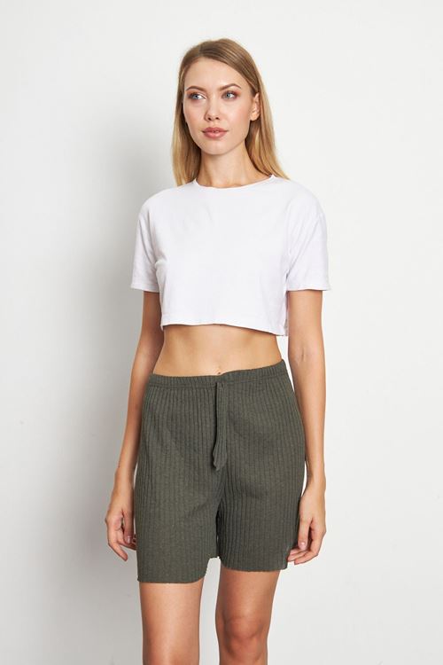 Haki Kadın Fitilli Gündelik Rahat Giyim Şort Pijama Altı