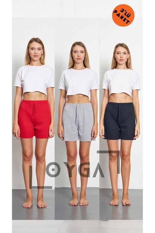 3'lü Kırmızı - Gri - Siyah Kadın Fitilli Gündelik Rahat Giyim Şort Pijama Altı