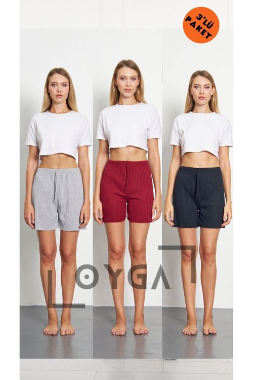 3'lü Gri - Bordo - Lacivert Kadın Fitilli Gündelik Rahat Giyim Şort Pijama Altı