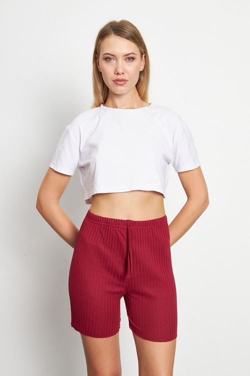 Bordo Kadın Fitilli Gündelik Rahat Giyim Şort Pijama Altı