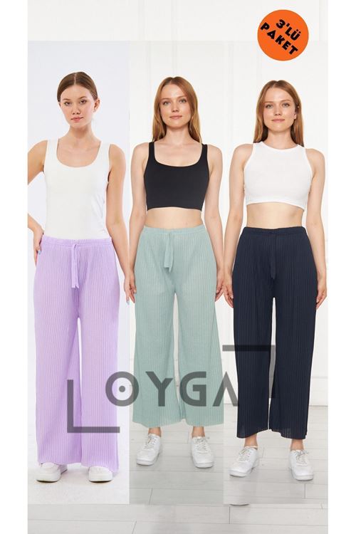 3'lü A.Mor - Su Yeşili - Lacivert Kadın Fitilli Raporlu Pantolon & Eşofman, Gündelik Ev Giyim Pijama