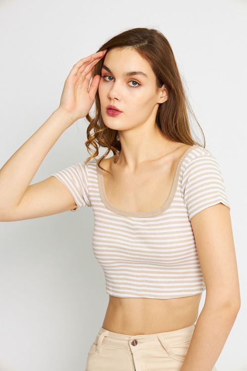 Kadın Taş Kaşkorse Çizgili Kare Yaka Crop Bluz
