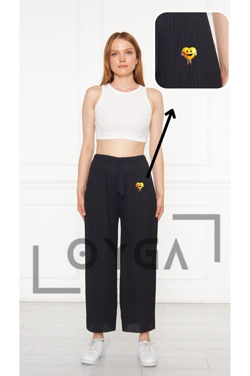Kadın Kalp Emoji Desenli Siyah Pantolon Fitilli Raporlu Gündelik Pantolon & Eşofman