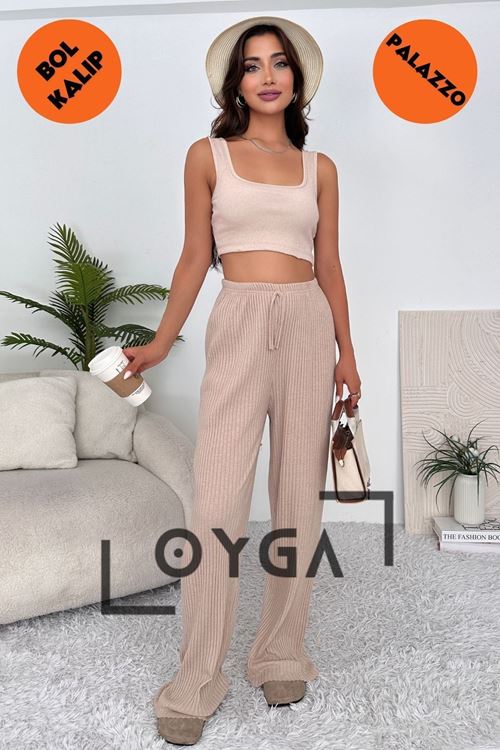 Krem Kadın Fitilli Palazzo Rahat Giyim Pantolon