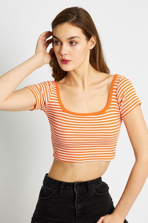 Kadın Turuncu Kaşkorse Çizgili Kare Yaka Crop Bluz