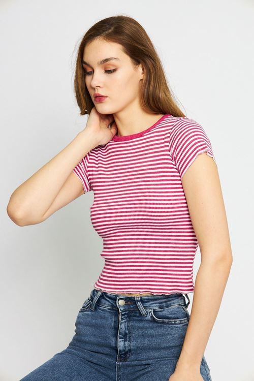 Kadın Pembe Kaşkorse Çizgili Bisiklet Yaka Crop Bluz