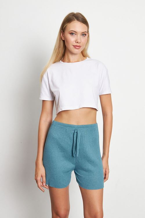 Petrol Kadın Fitilli Gündelik Rahat Giyim Şort Pijama Altı