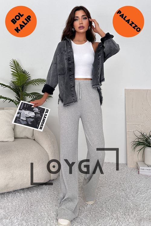 Gri Kadın Fitilli Palazzo Rahat Giyim Eşofman Altı - Pantolon