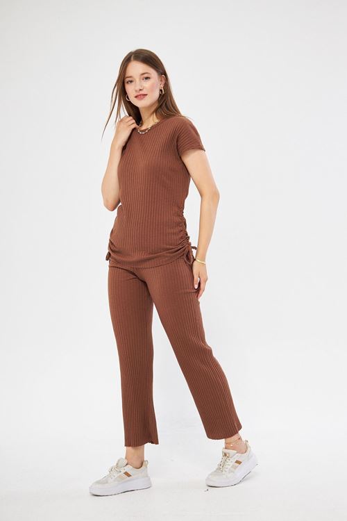 Kadın Rahat Kestane Yanı Büzgülü Bluz Pantolon & Eşofman Takım
