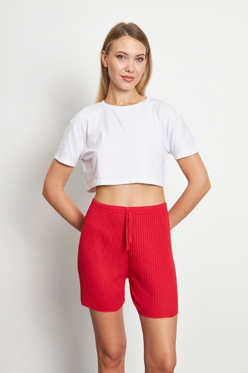 Kırmızı Kadın Fitilli Gündelik Rahat Giyim Şort Pijama Altı