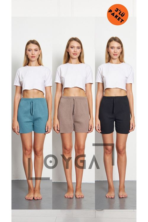 3'lü Petrol - Toprak - Siyah Kadın Fitilli Gündelik Rahat Giyim Şort Pijama Altı