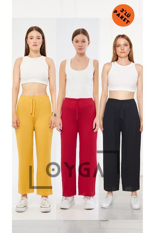 3'lü Sarı - Kırmızı - Siyah Kadın Fitilli RAPORLU Pantolon & Eşofman, Gündelik Ev Giyim