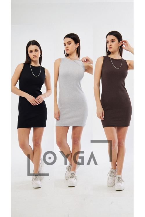 3^Lü Siyah - Gri - Kahve Kadın Kaşkorse Kolsuz Elbise