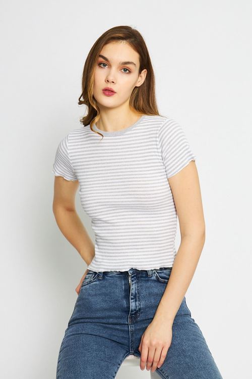 Kadın Gri Kaşkorse Çizgili Bisiklet Yaka Crop Bluz