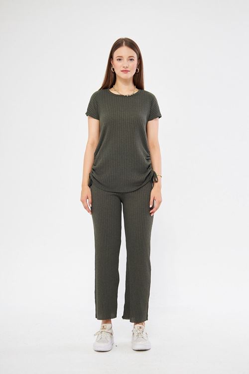 Kadın Rahat Haki Yanı Büzgülü Bluz Pantolon & Eşofman Takım
