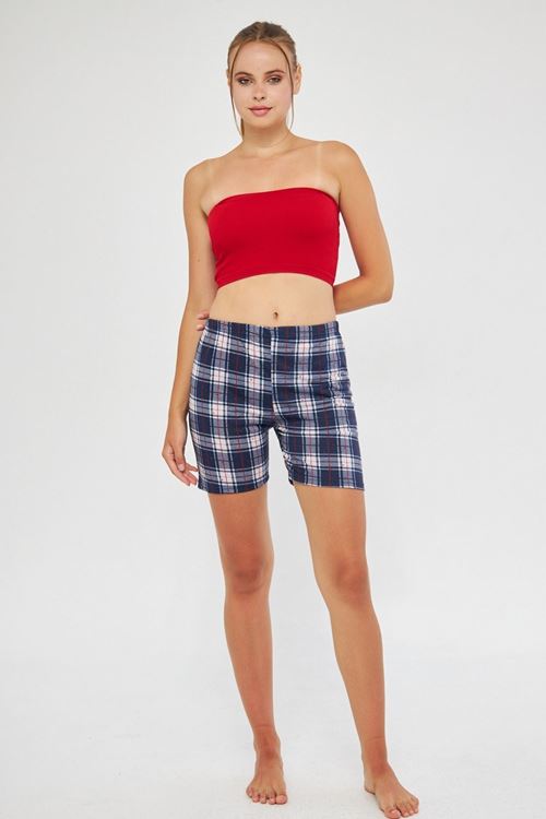 Lacivert Kadın Ekose Desenli Mevsimlik Bel Lastikli Pijama Şort Gündelik Giyim