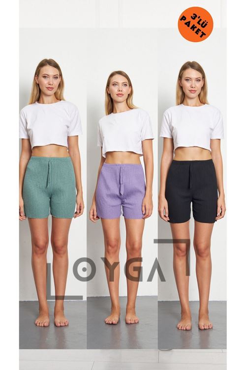3'lü Su Yeşili  - Mor - Siyah Kadın Fitilli Gündelik Rahat Giyim Şort Pijama Altı