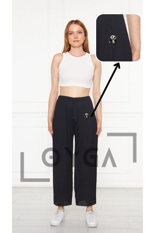 Kadın Panda Desenli Siyah Pantolon Fitilli Raporlu Gündelik Pantolon & Eşofman