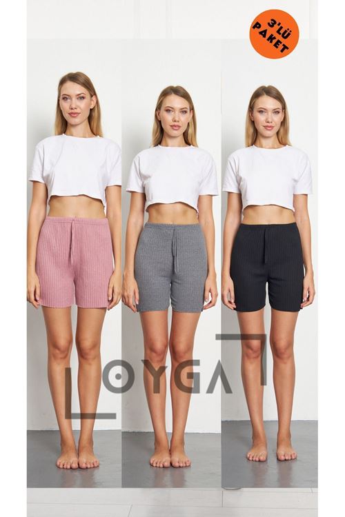 3'lü Gül Kurusu - Füme - Siyah Kadın Fitilli Gündelik Rahat Giyim Şort Pijama Altı