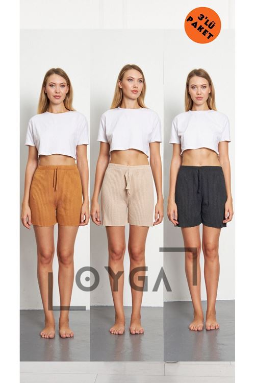 3'lü Camel - Krem - Antrasit Kadın Fitilli Gündelik Rahat Giyim Şort Pijama Altı