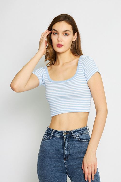 Kadın A.Mavi Kaşkorse Çizgili Kare Yaka Crop Bluz