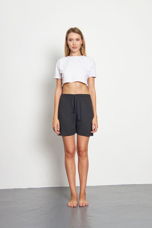 Antrasit Kadın Fitilli Gündelik Rahat Giyim Şort Pijama Altı