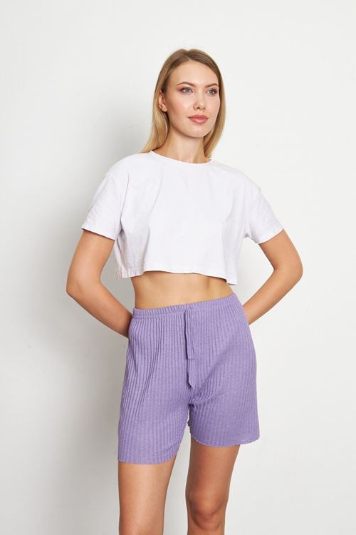 Mor Kadın Fitilli Gündelik Rahat Giyim Şort Pijama Altı