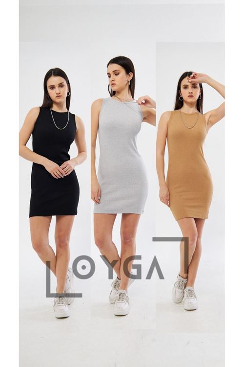 3^Lü Siyah - Gri - Camel Kadın Kaşkorse Kolsuz Elbise