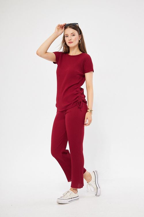 Kadın Rahat Bordo Yanı Büzgülü Bluz Pantolon & Eşofman Takım