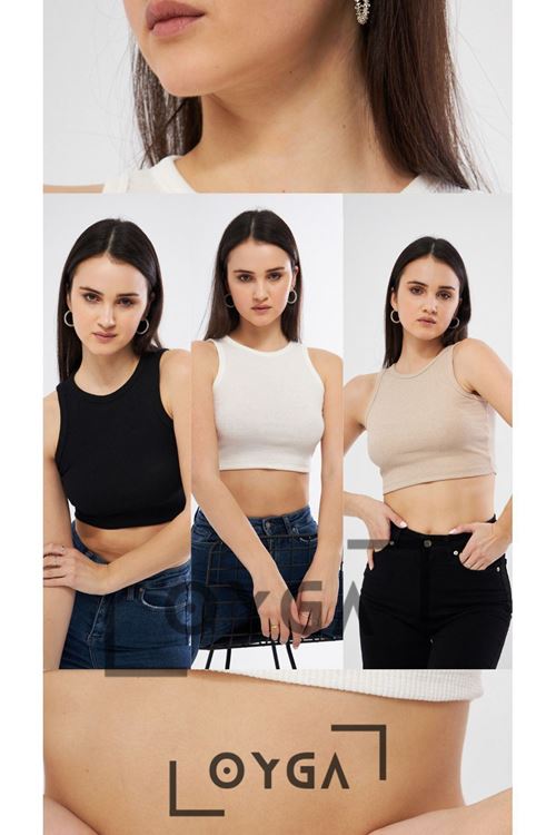 Kadın Siyah - Beyaz - Krem Kaşkorse Bisiklet Yaka Atlet Crop