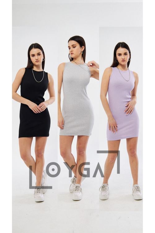 3^Lü Siyah - Gri - Lila Kadın Kaşkorse Kolsuz Elbise