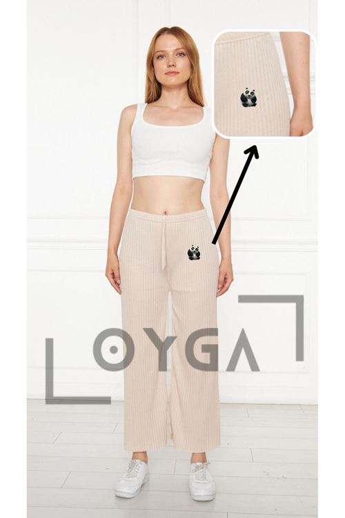 Kadın Panda Desenli Krem Pantolon Fitilli Raporlu Gündelik Pantolon & Eşofman