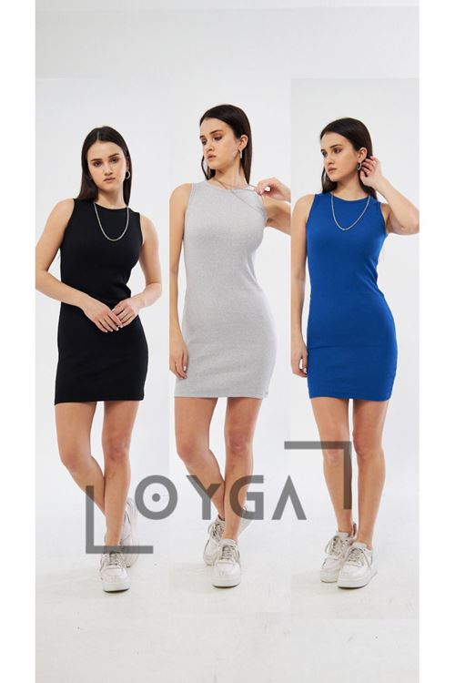 3^Lü Siyah - Gri - Sax Kadın Kaşkorse Kolsuz Elbise