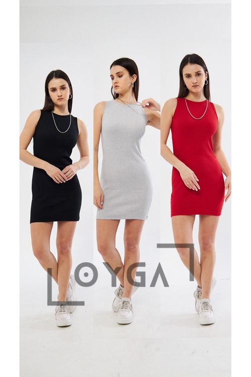 3^Lü Siyah - Gri - Kırmızı Kadın Kaşkorse Kolsuz Elbise