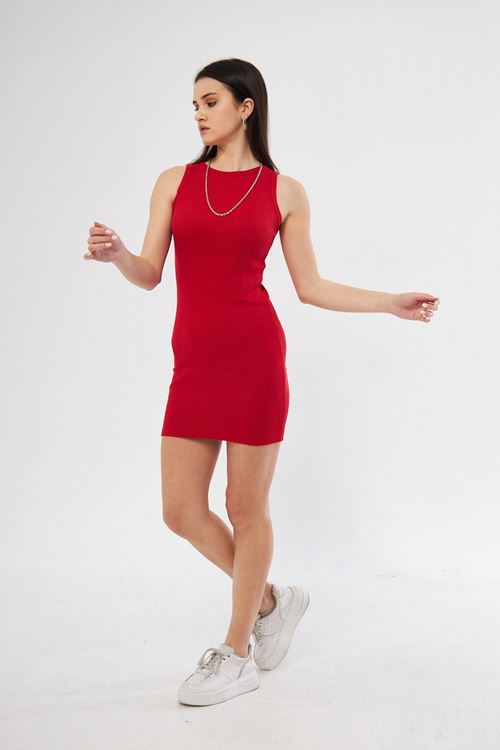 Kadın Kırmızı Kaşkorse Kolsuz Elbise