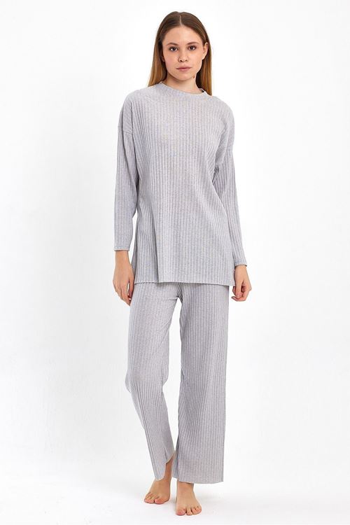 Kadın Gri Kadın Fitilli Raporlu & Eşofman, Gündelik Ev Giyim Pijama Takımı