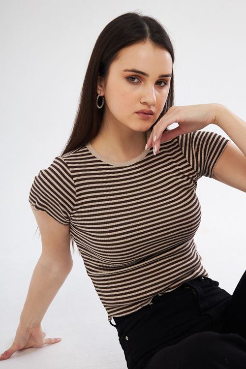 Kadın Kahve Kaşkorse Çizgili Bisiklet Yaka Crop Bluz