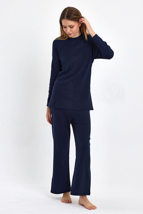 Kadın Lacivert Rahat Oversize Kalıp İnterlok Kalın Kışlık Kumaş Gündelik Ev Giyim Pijama Takımı