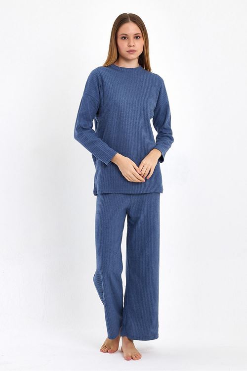 Kadın İndigo Rahat Oversize Kalıp İnterlok Kalın Kışlık Kumaş Gündelik Ev Giyim Pijama Takımı