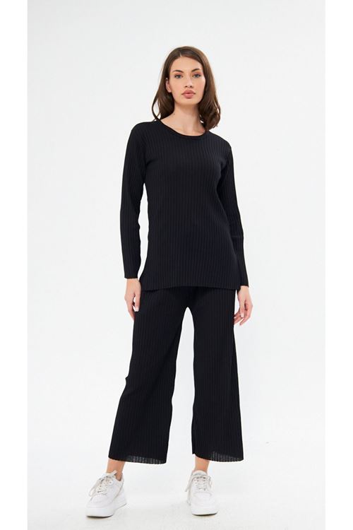 Kadın Siyah Kadın Fitilli Raporlu & Eşofman, Gündelik Ev Giyim Pijama Takımı