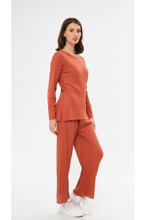 Kadın Kiremit Kadın Fitilli Raporlu & Eşofman, Gündelik Ev Giyim Pijama Takımı