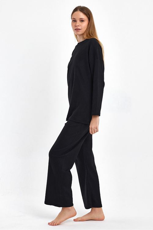 Kadın Siyah Rahat Oversize Kalıp İnterlok Kalın Kışlık Kumaş Fitilli Gündelik Ev Giyim Pijama Takımı