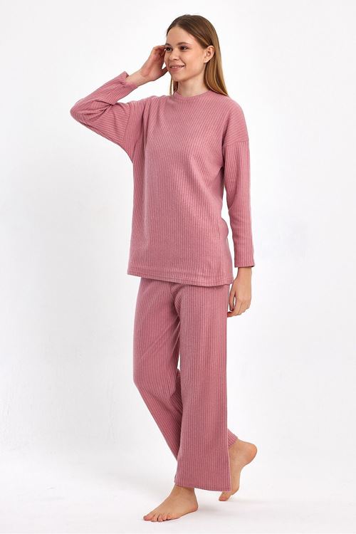 Kadın Pembe Rahat Oversize Kalıp İnterlok Kalın Kışlık Kumaş Gündelik Ev Giyim Pijama Takımı