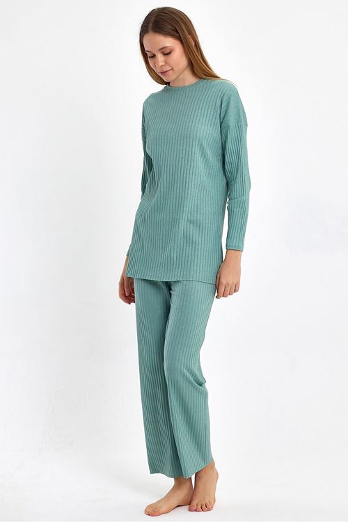 Kadın Su Yeşili Kadın Fitilli Raporlu & Eşofman, Gündelik Ev Giyim Pijama Takımı
