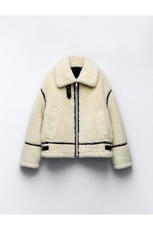 Kadın Bej Fermuarlı Peluş Mont