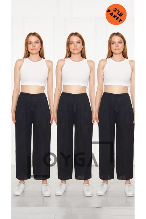 3'lü Siyah- Siyah - Siyah Kadın Fitilli Raporlu Pantolon & Eşofman, Gündelik