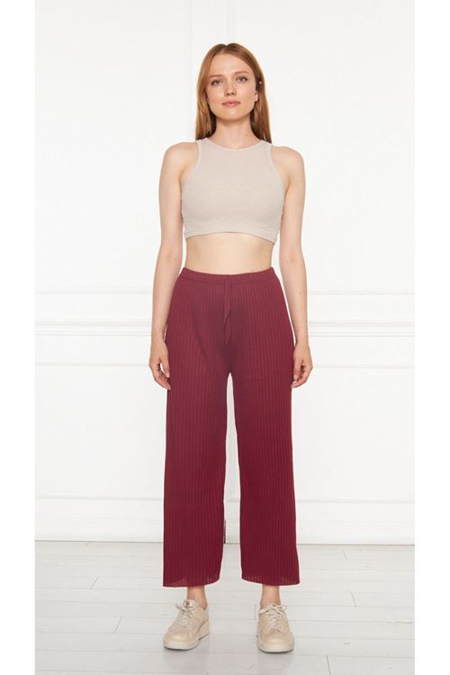 Kadın Bordo Fitilli Raporlu Pantolon & Eşofman, Gündelik Ev Giyim Pijama