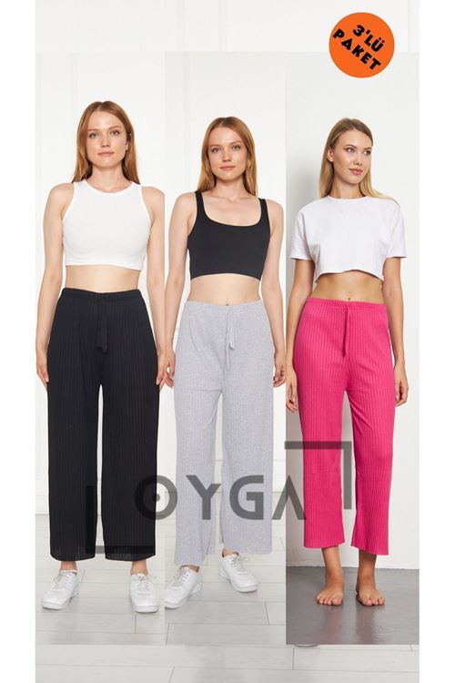 3'lü Siyah- Gri -Şeker Pembe Kadın Fitilli Raporlu Pantolon & Eşofman, Gündelik Ev Giyim Pijama